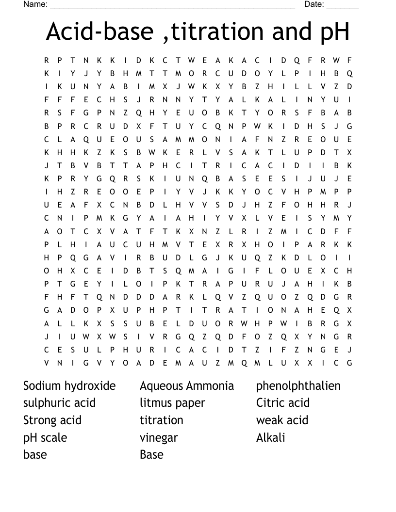 Acid-base ,titration and pH Word Search