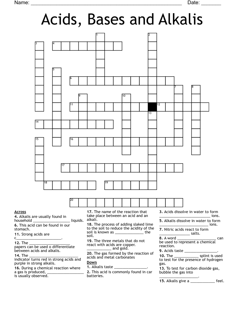 Acids, Bases and Alkalis Crossword