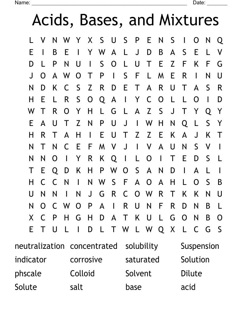 Acids, Bases, and Mixtures Word Search