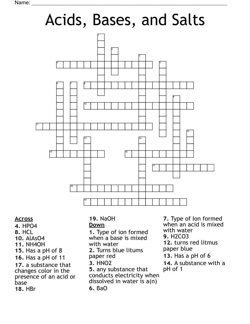 Acids, Bases, and Salts Crossword