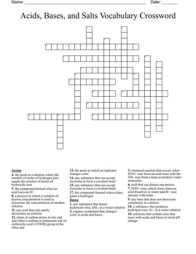 Acids, Bases, and Salts Vocabulary Crossword