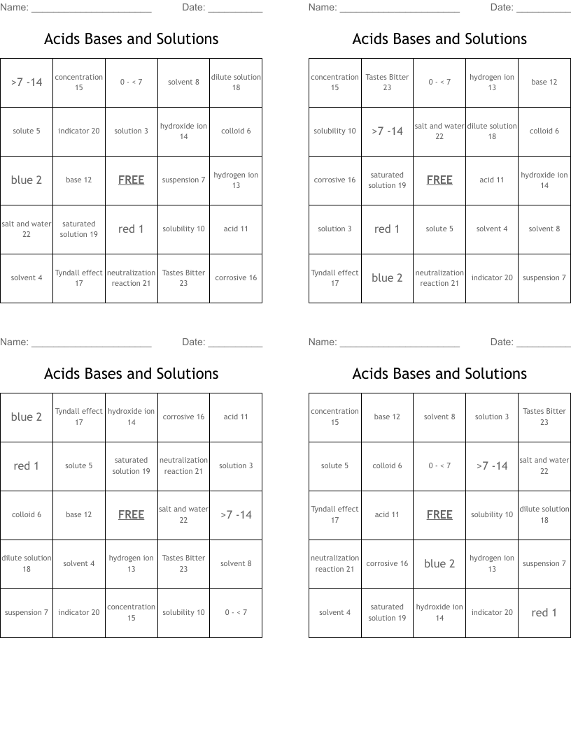 Acids Bases and Solutions Bingo Cards