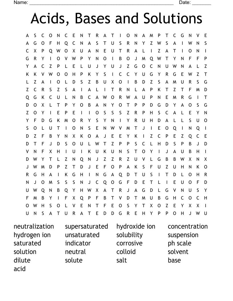 Acids, Bases and Solutions Word Search