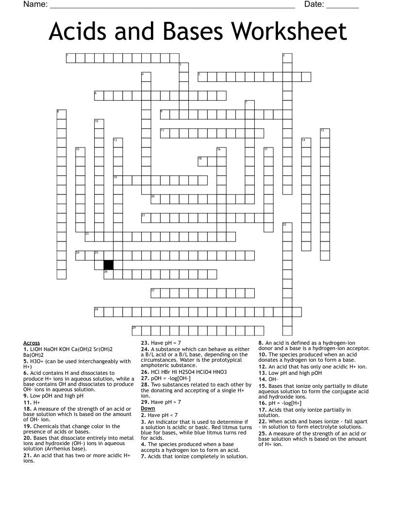Acids and Bases Worksheet Crossword