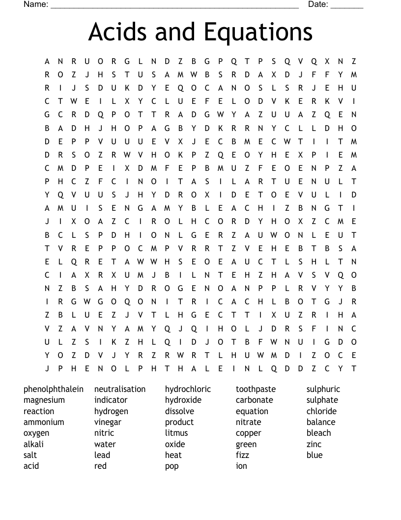 Acids and Equations Word Search