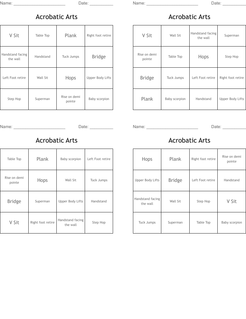 Acrobatic Arts Bingo Cards