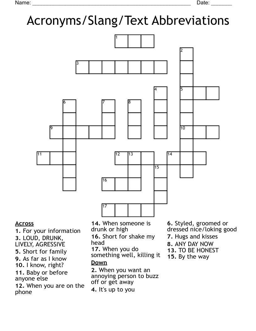 Acronyms/Slang/Text Abbreviations Crossword