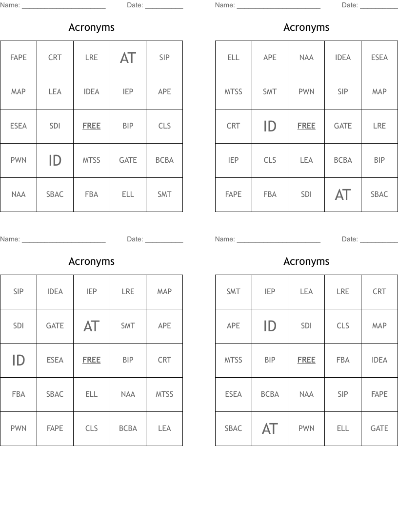 Acronyms Bingo Cards