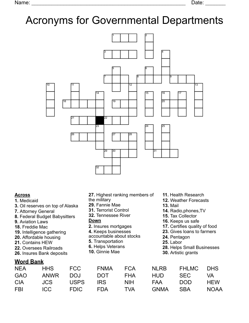 Acronyms for Governmental Departments Crossword