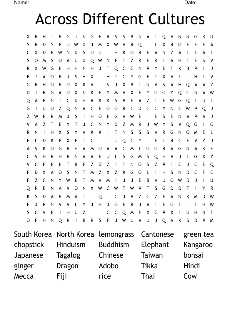Across Different Cultures Word Search