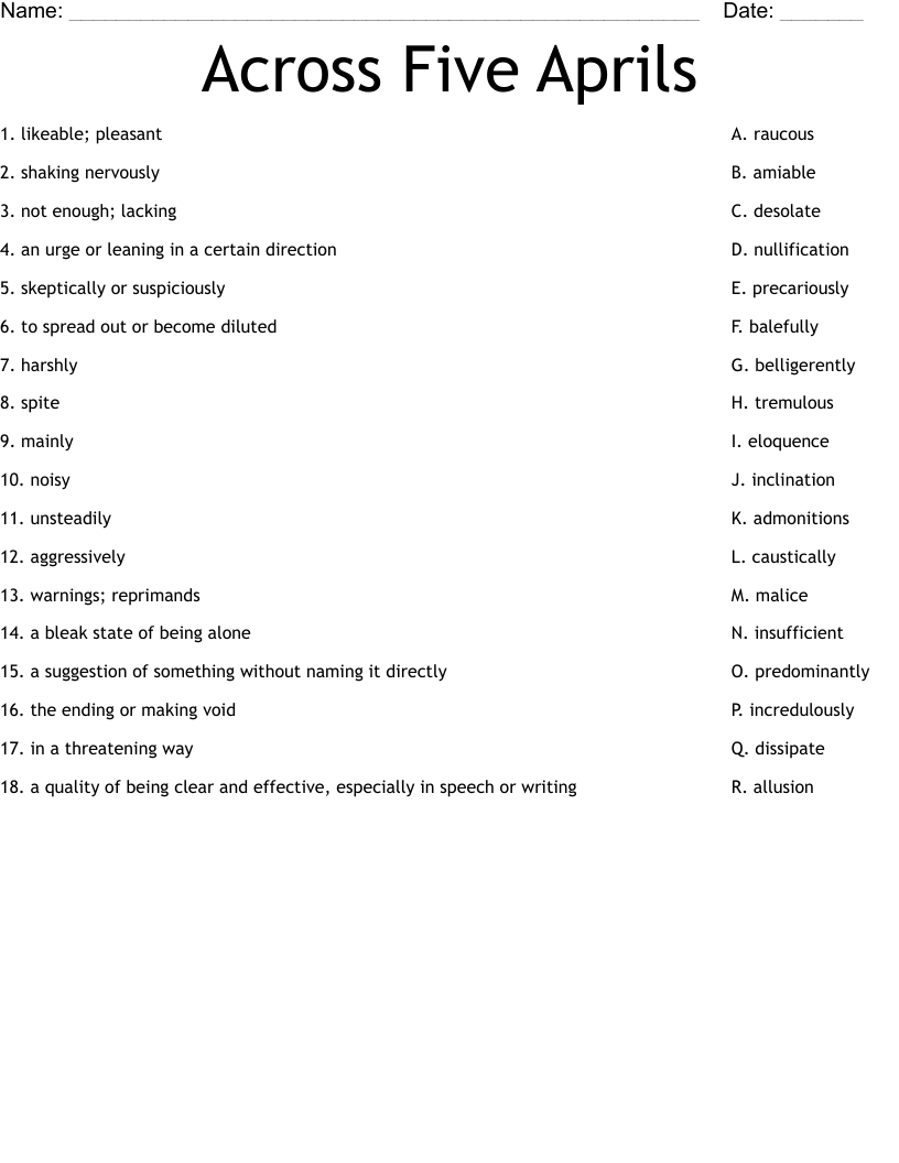 Across Five Aprils Worksheet