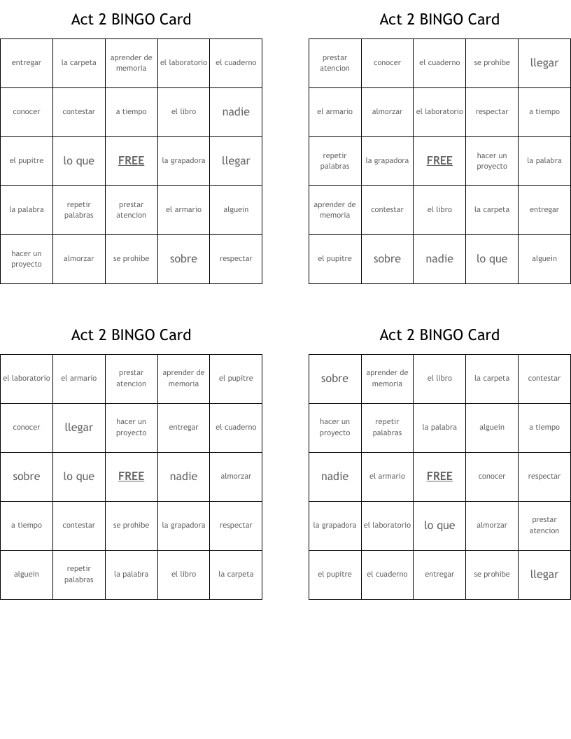 Act 2 BINGO Card