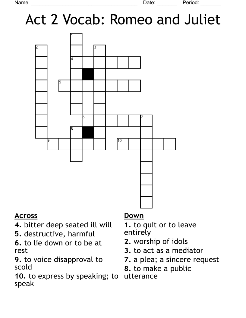 Act 2 Vocab: Romeo and Juliet Crossword