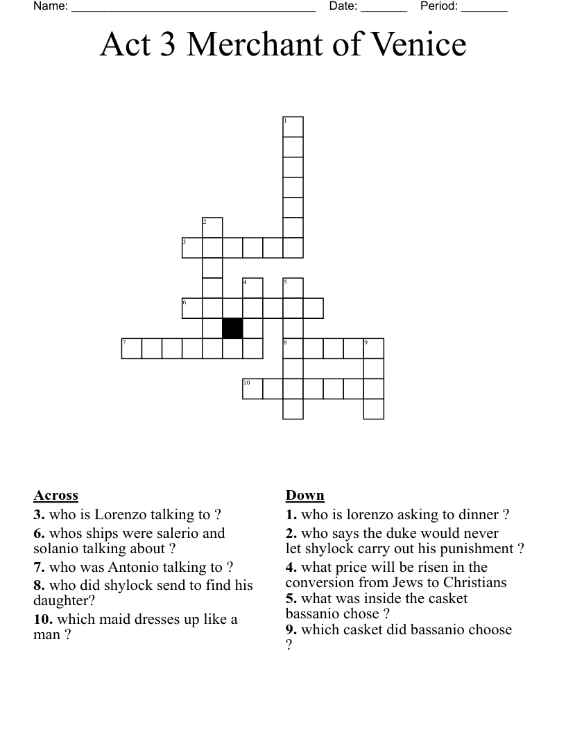 Act 3 Merchant of Venice Crossword