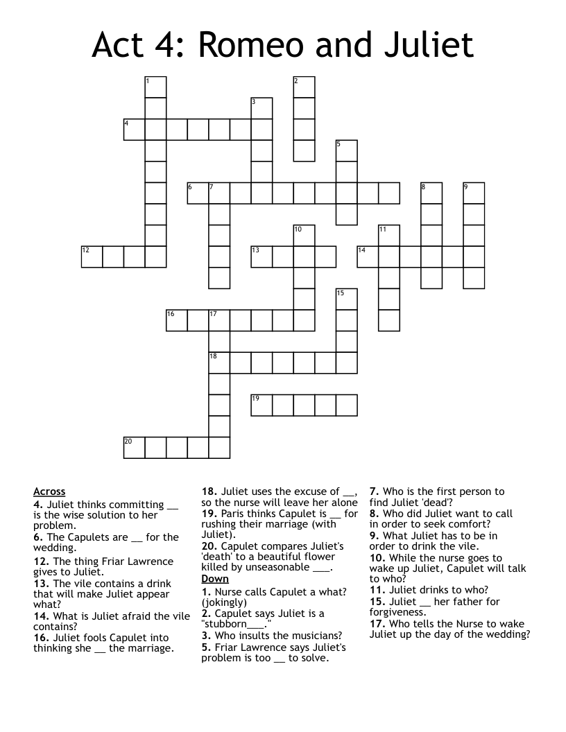 Act 4: Romeo and Juliet Crossword