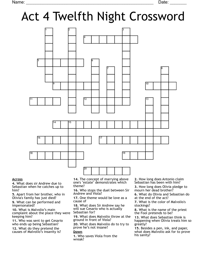 Act 4 Twelfth Night Crossword