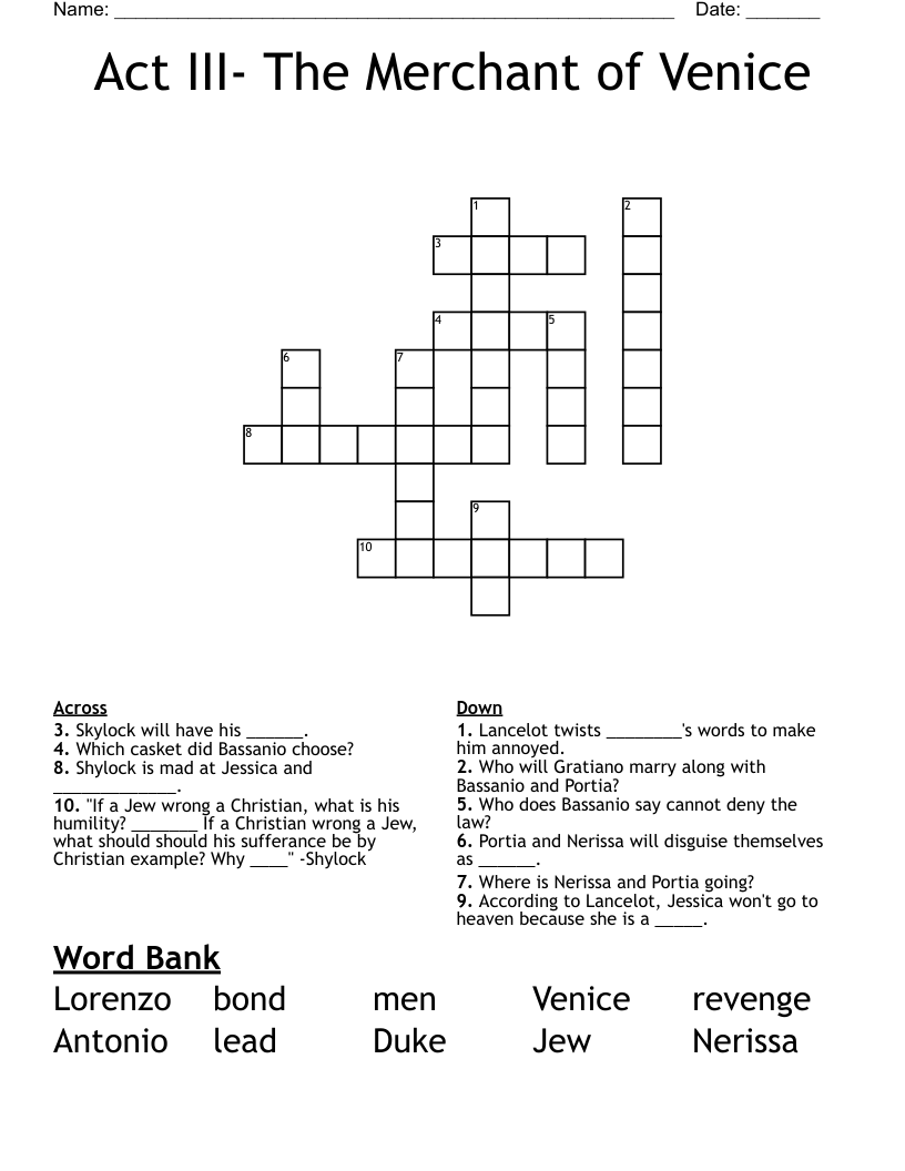 Act III- The Merchant of Venice Crossword