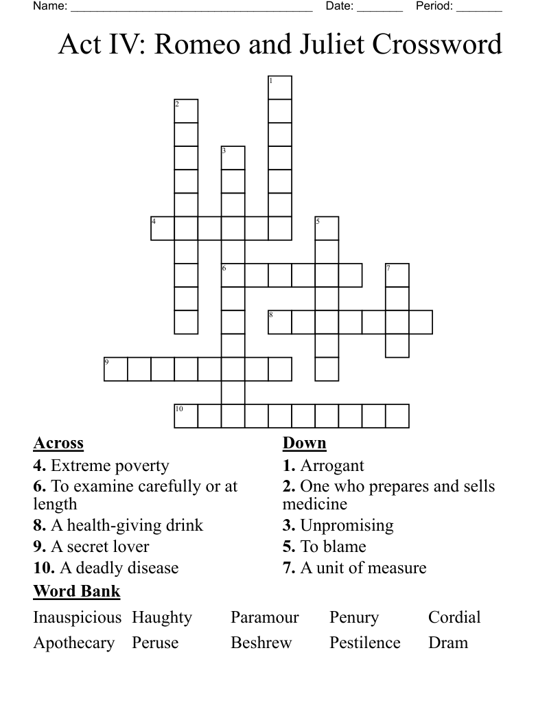 Act IV: Romeo and Juliet Crossword