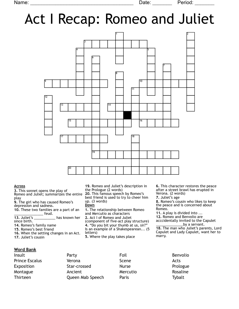 Act I Recap: Romeo and Juliet Crossword