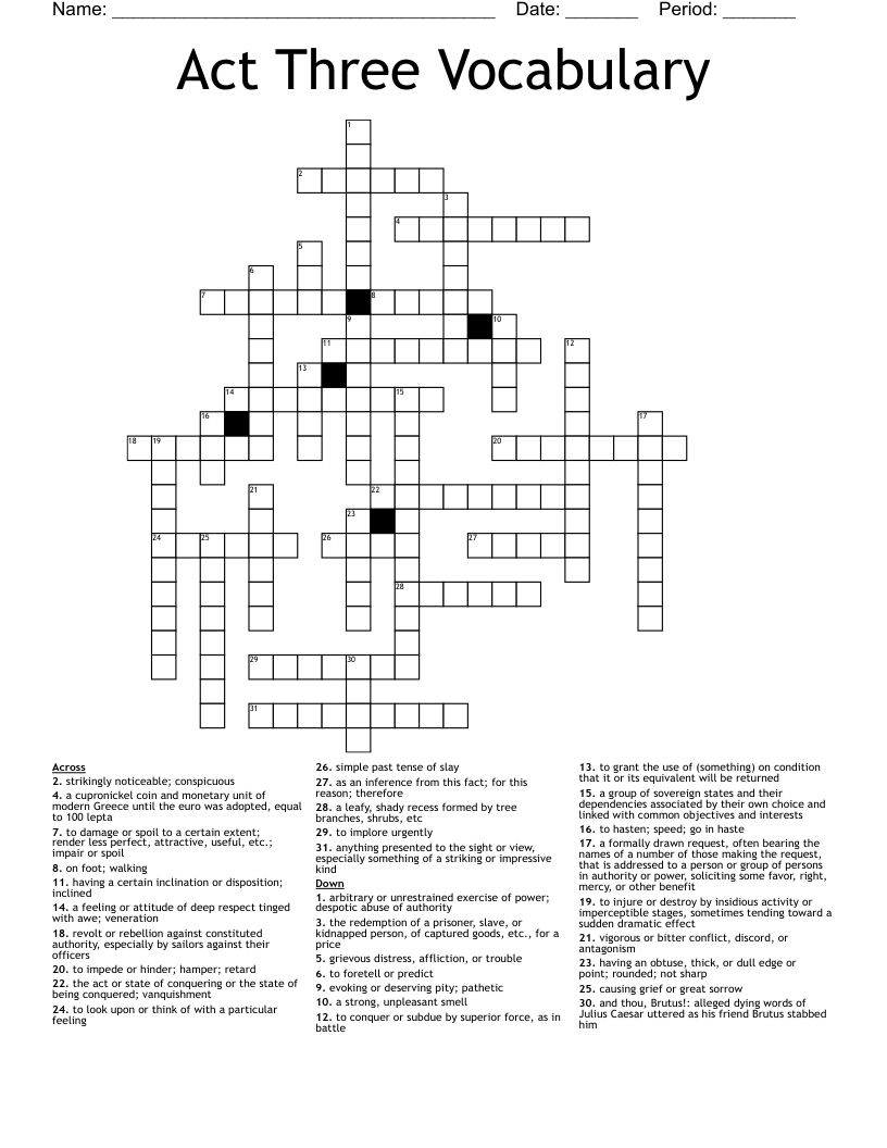 Act Three Vocabulary Crossword