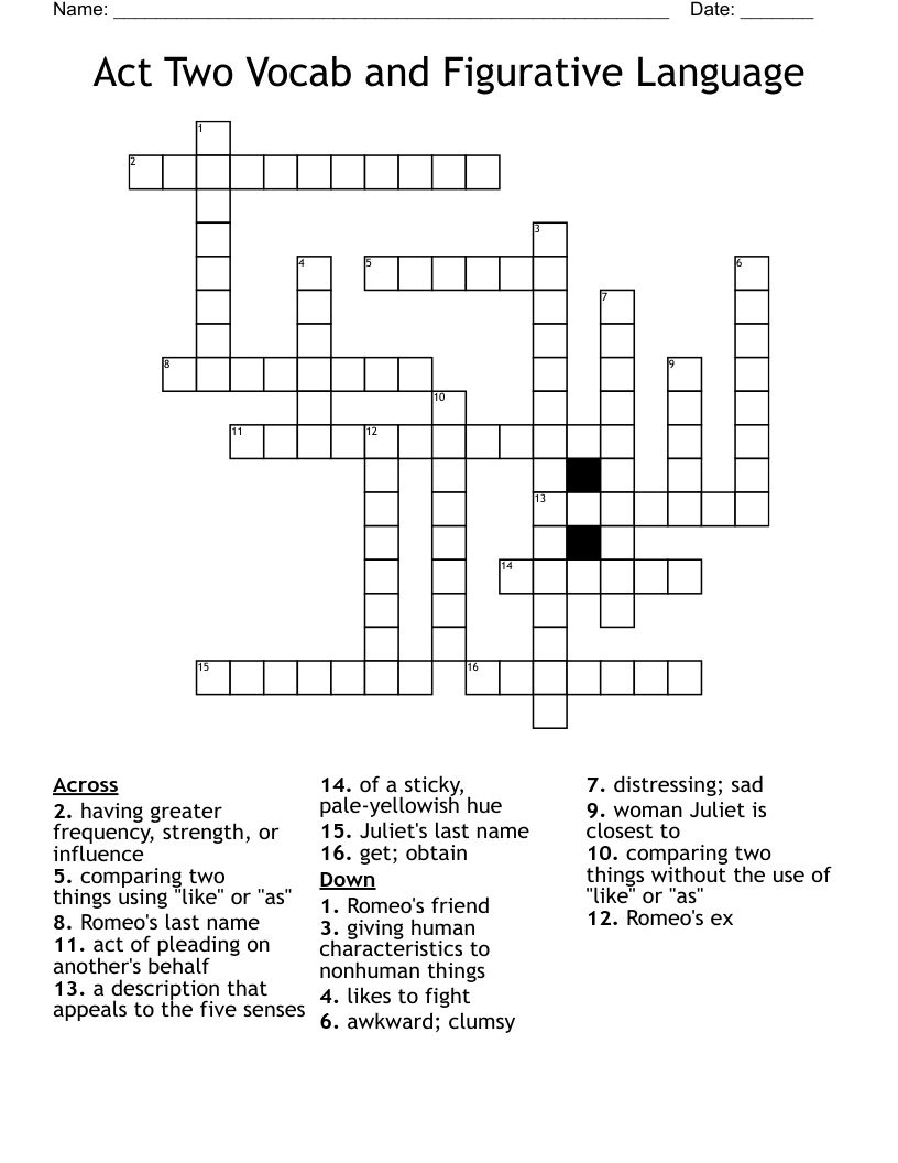 Act Two Vocab and Figurative Language Crossword