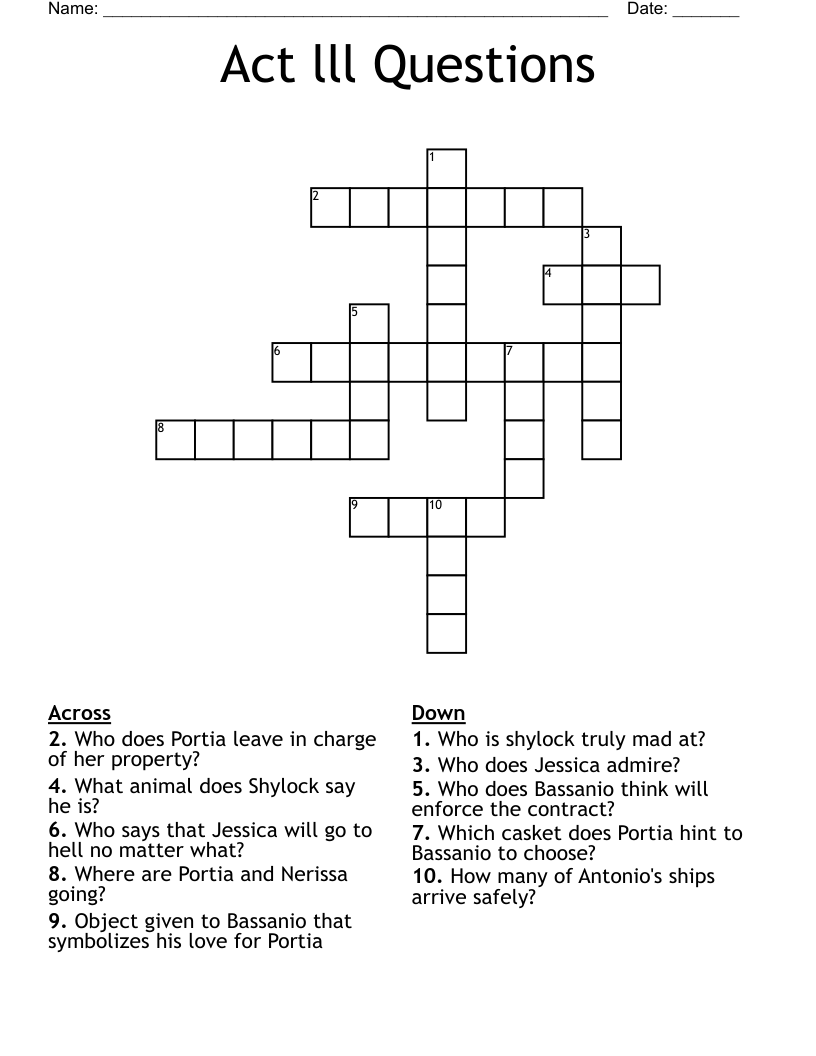 Act lll Questions Crossword