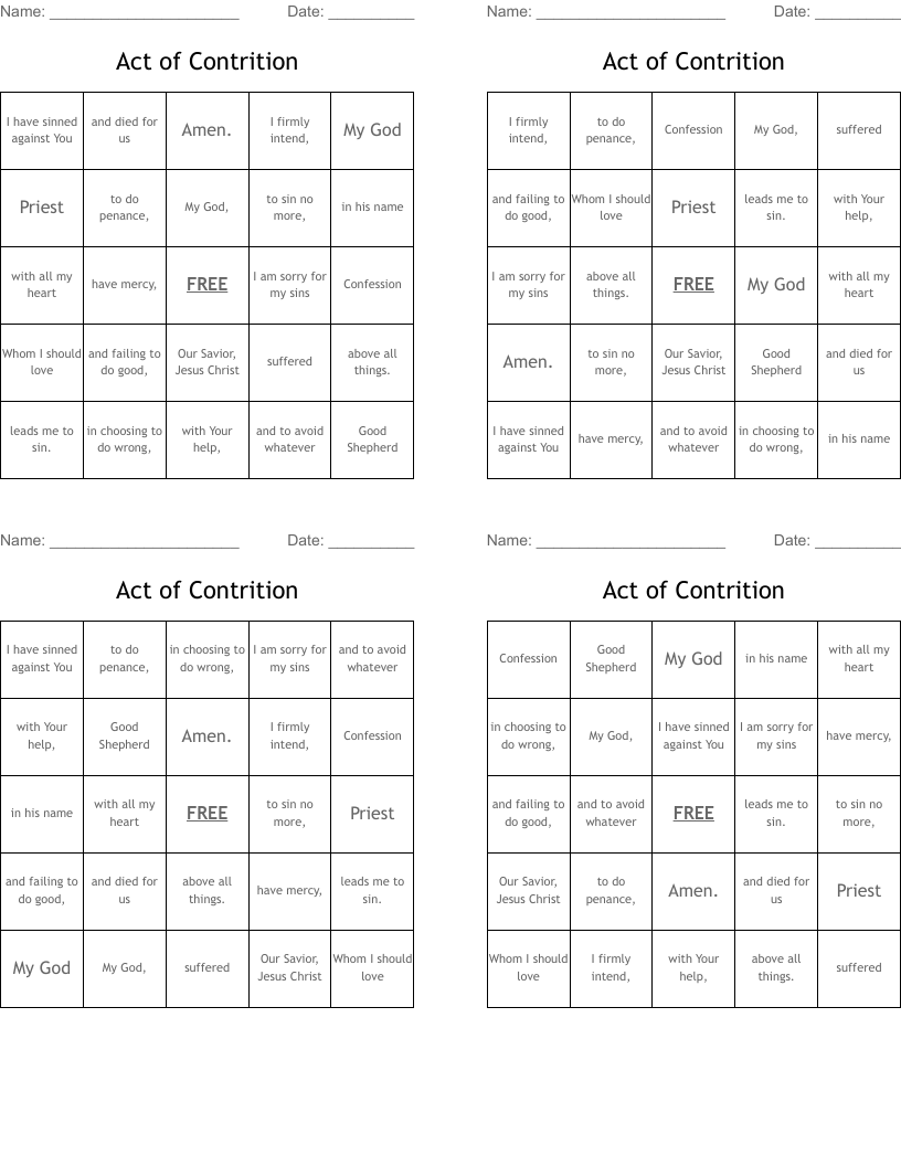 Act of Contrition Bingo Cards