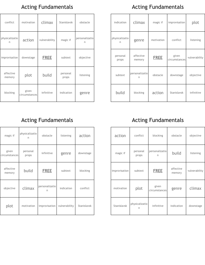Acting Fundamentals Bingo Cards