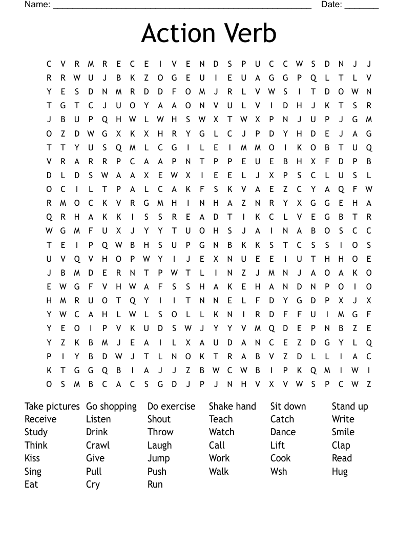 Action Verb Word Search