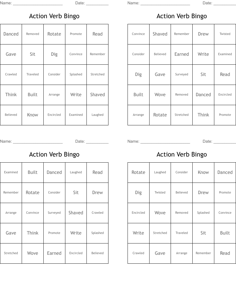 Action Verb Bingo