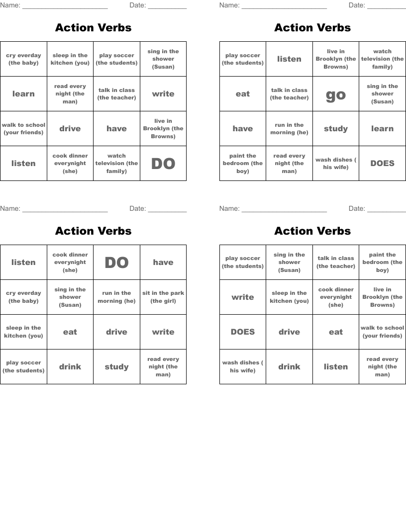 Action Verbs Bingo Cards