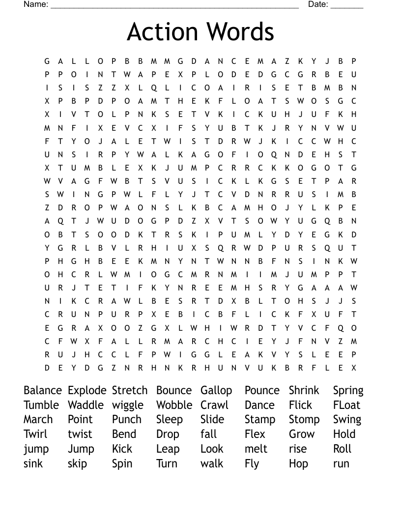 Action Words Word Search