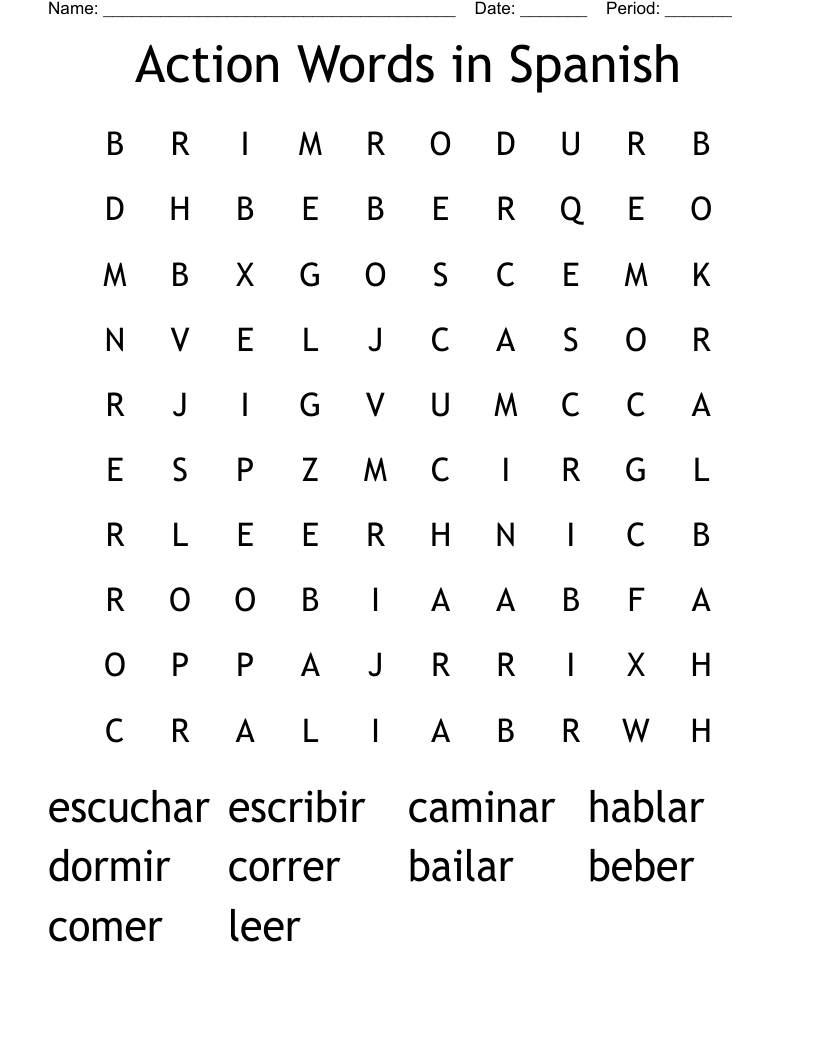Action Words in Spanish Word Search