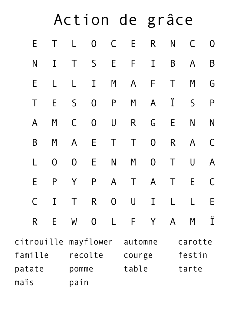 Action de grâce Word Search