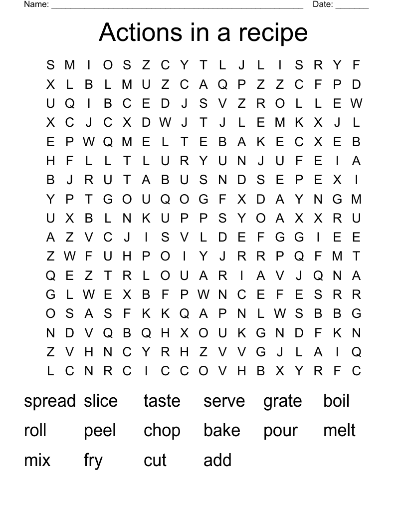 Actions in a recipe Word Search