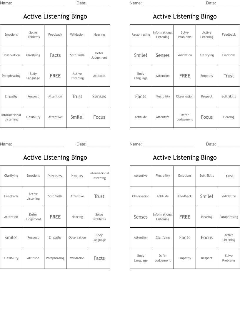 Active Listening Bingo