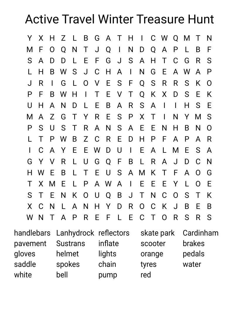 Active Travel Winter Treasure Hunt Word Search