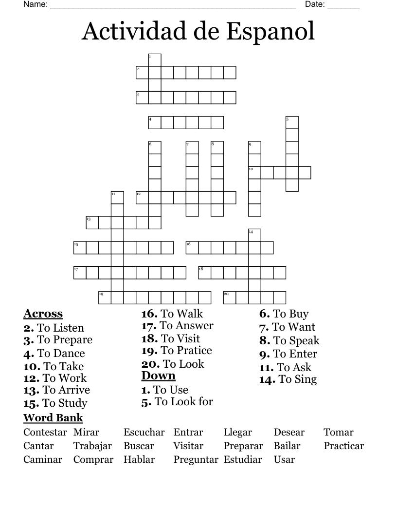Actividad de Espanol Crossword