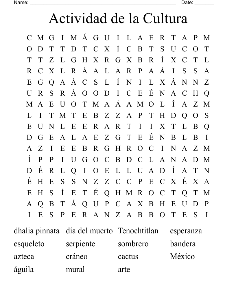 Actividad de la Cultura Word Search
