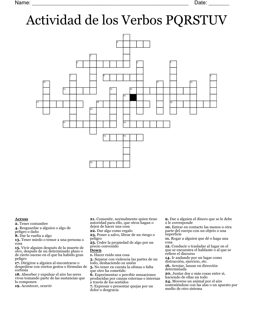 Actividad de los Verbos PQRSTUV Crossword