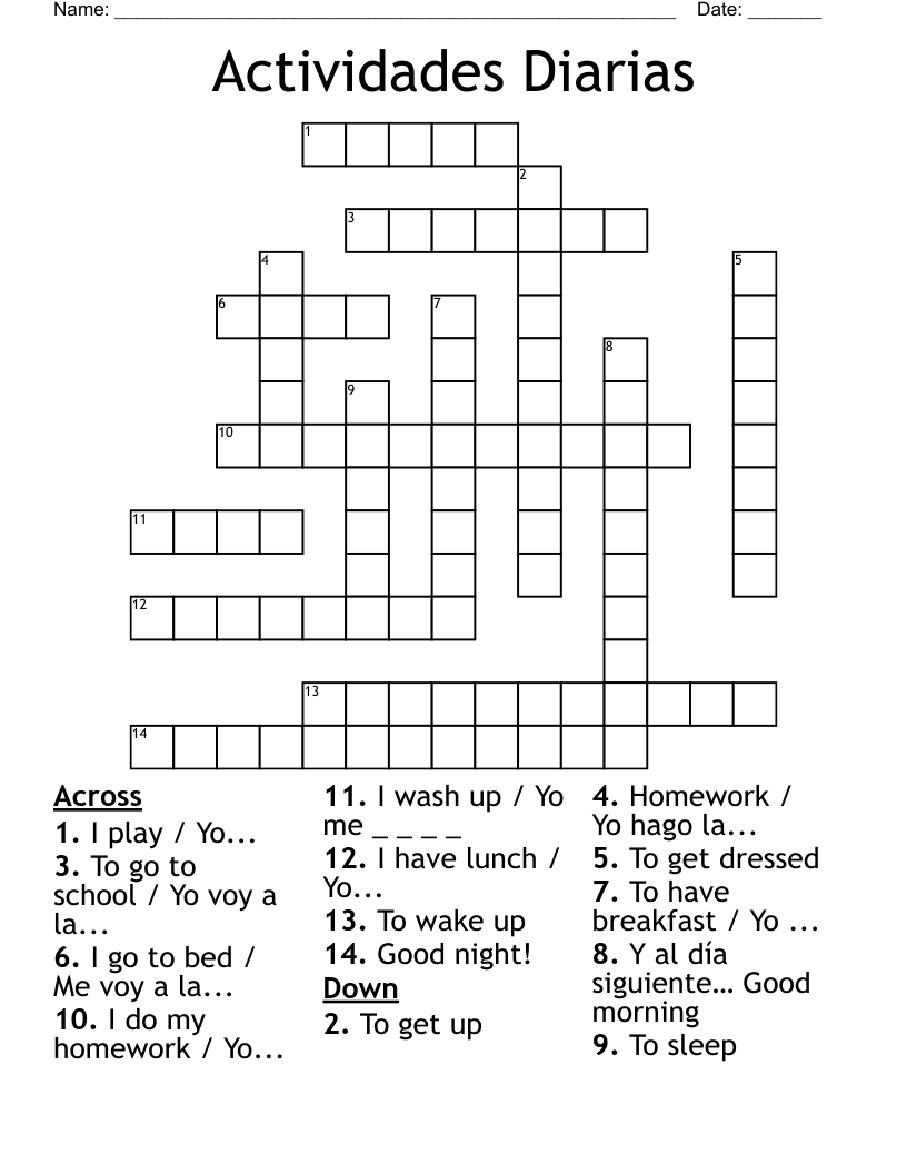 Actividades Diarias Crossword