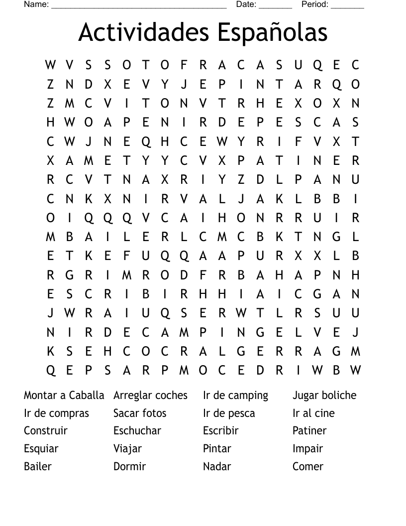 Actividades Españolas Word Search