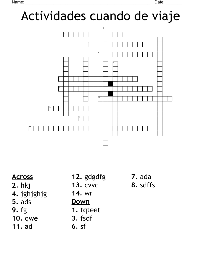 Actividades cuando de viaje Crossword