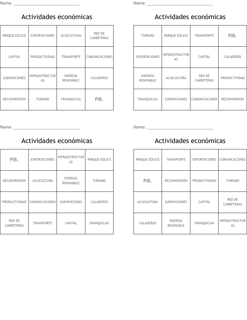 Actividades económicas Bingo Cards