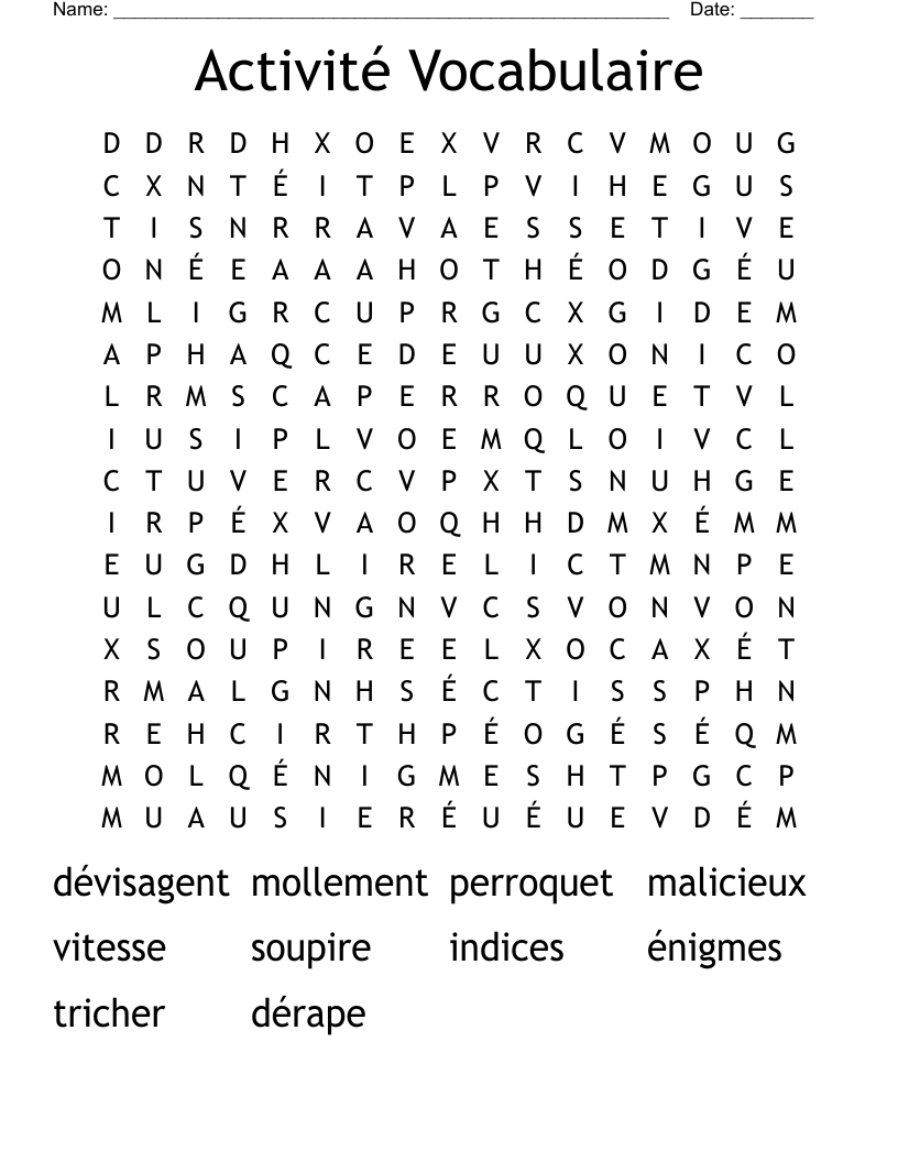 Activité Vocabulaire Word Search
