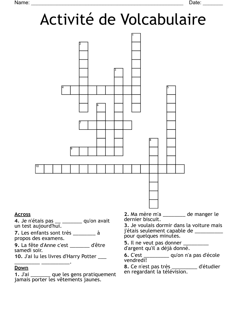 Activité de Volcabulaire  Crossword