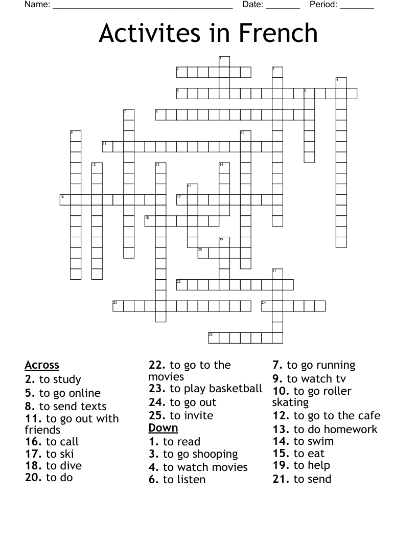 Activites in French Crossword