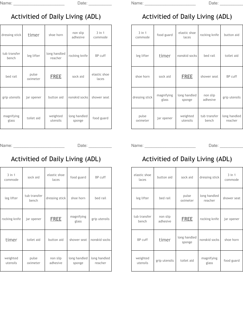 Activitied of Daily Living (ADL) Bingo Cards