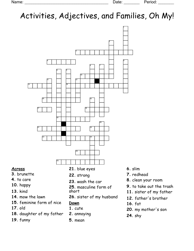 Activities, Adjectives, and Families, Oh My! Crossword