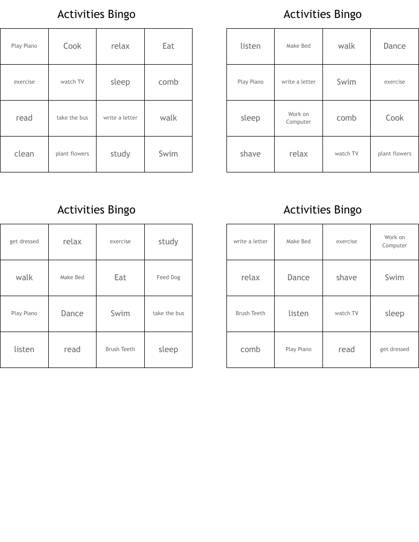 Activities Bingo